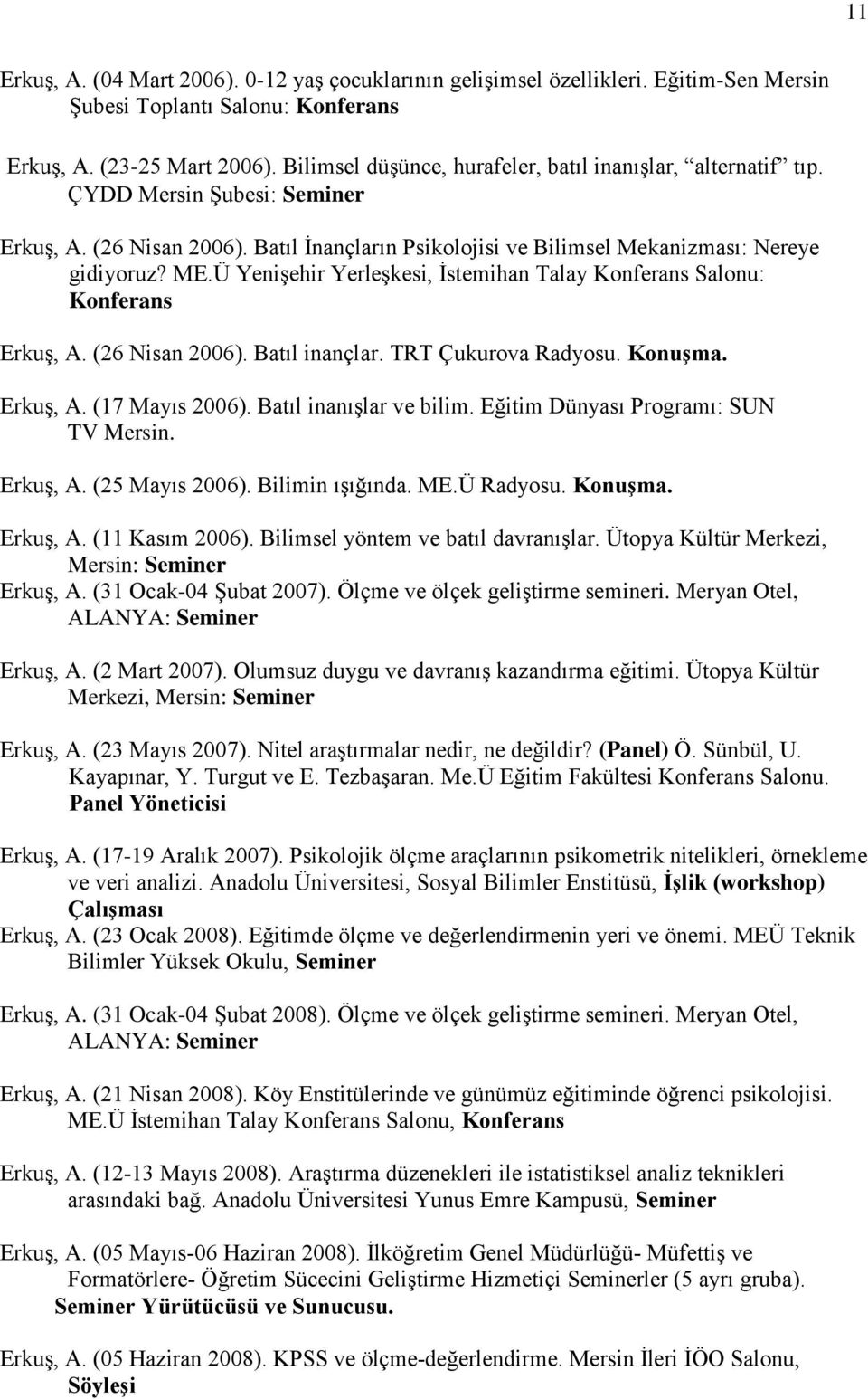 Ü Yenişehir Yerleşkesi, İstemihan Talay Konferans Salonu: Konferans Erkuş, A. (6 Nisan 006). Batıl inançlar. TRT Çukurova Radyosu. Konuşma. Erkuş, A. (17 Mayıs 006). Batıl inanışlar ve bilim.