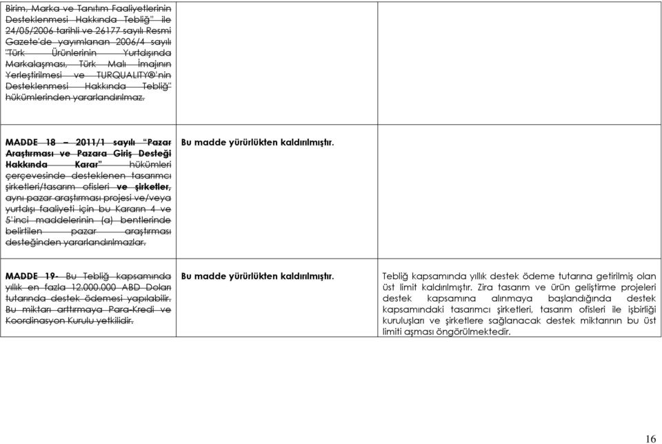 MADDE 18 2011/1 sayılı Pazar Araştırması ve Pazara Giriş Desteği Hakkında Karar hükümleri çerçevesinde desteklenen tasarımcı şirketleri/tasarım ofisleri ve şirketler, aynı pazar araştırması projesi