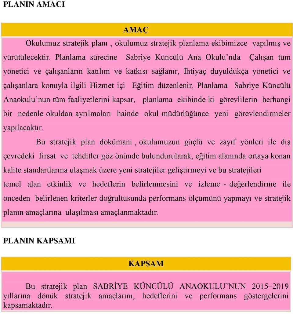 düzenlenir, Planlama Sabriye Küncülü Anaokulu nun tüm faaliyetlerini kapsar, planlama ekibinde ki görevlilerin herhangi bir nedenle okuldan ayrılmaları hainde okul müdürlüğünce yeni görevlendirmeler