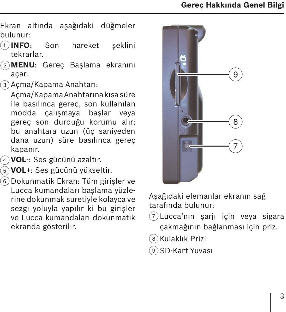 süre basılınca gereç kapanır. 4 VOL-: Ses gücünü azaltır. 5 VOL+: Ses gücünü yükseltir.