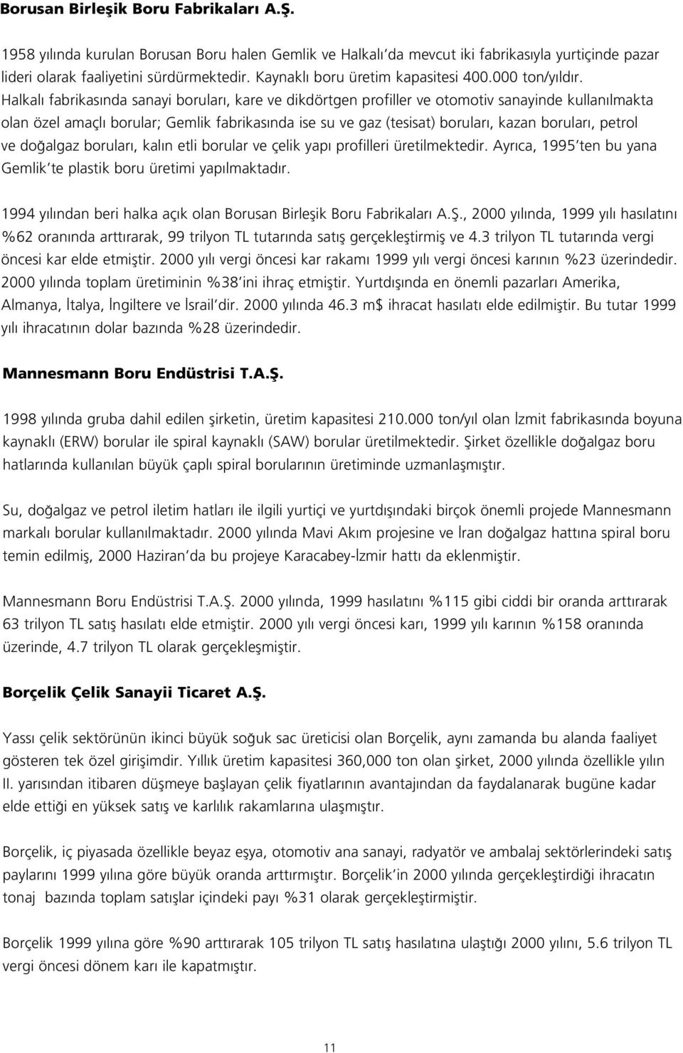 Halkal fabrikas nda sanayi borular, kare ve dikdörtgen profiller ve otomotiv sanayinde kullan lmakta olan özel amaçl borular; Gemlik fabrikas nda ise su ve gaz (tesisat) borular, kazan borular,