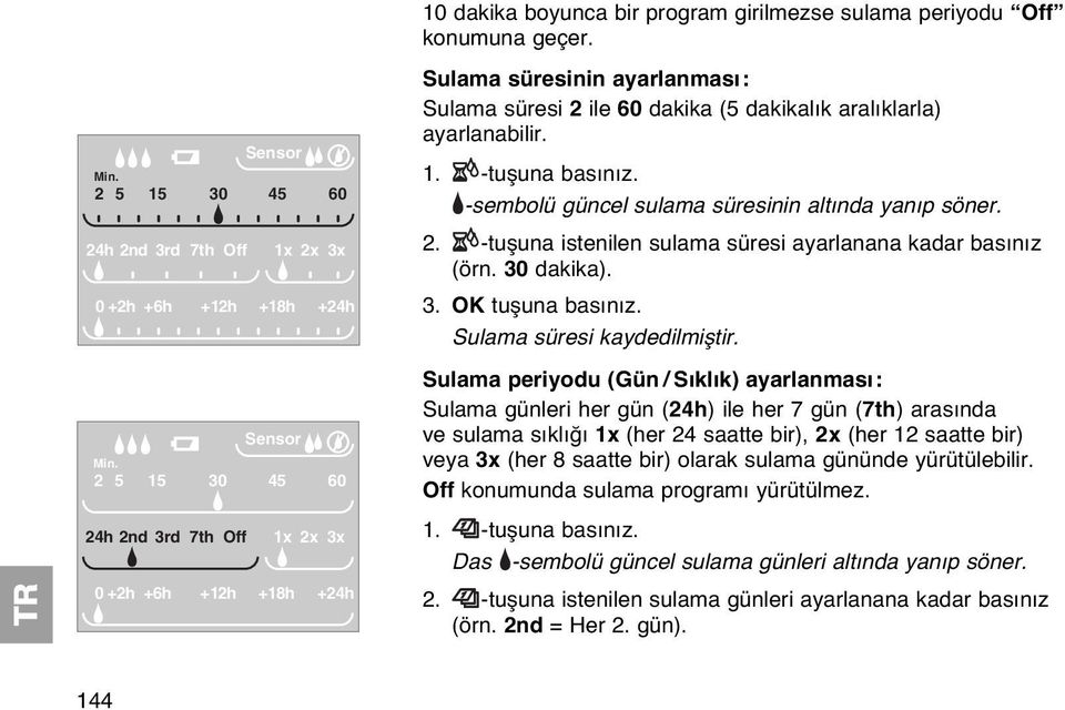 -sembolü güncel sulama süresinin altında yanıp söner. 2. -tuşuna istenilen sulama süresi ayarlanana kadar basınız (örn. 30 dakika). 3. OK tuşuna basınız. Sulama süresi kaydedilmiştir.