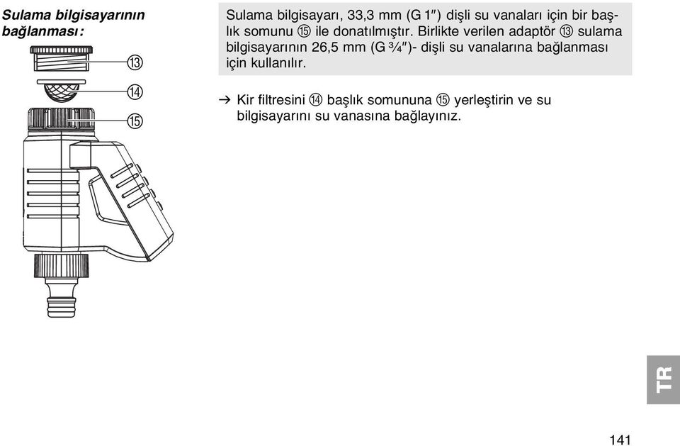 Birlikte verilen adaptör C sulama bilgisayarının 26,5 mm (G ³ ₄" )- dişli su vanalarına