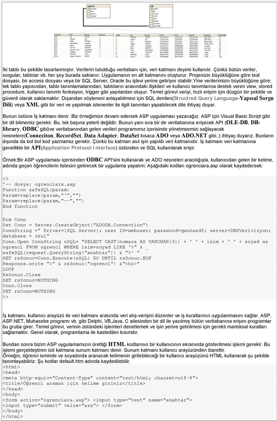 yine verilerimizin büyüklüğüne göre; tek tablo yapısından, tablo tanımlamalarından, tabloların arasındaki ilişkileri ve kullanıcı tanımlarına destek veren view, stored procedure, kullanıcı tanımlı