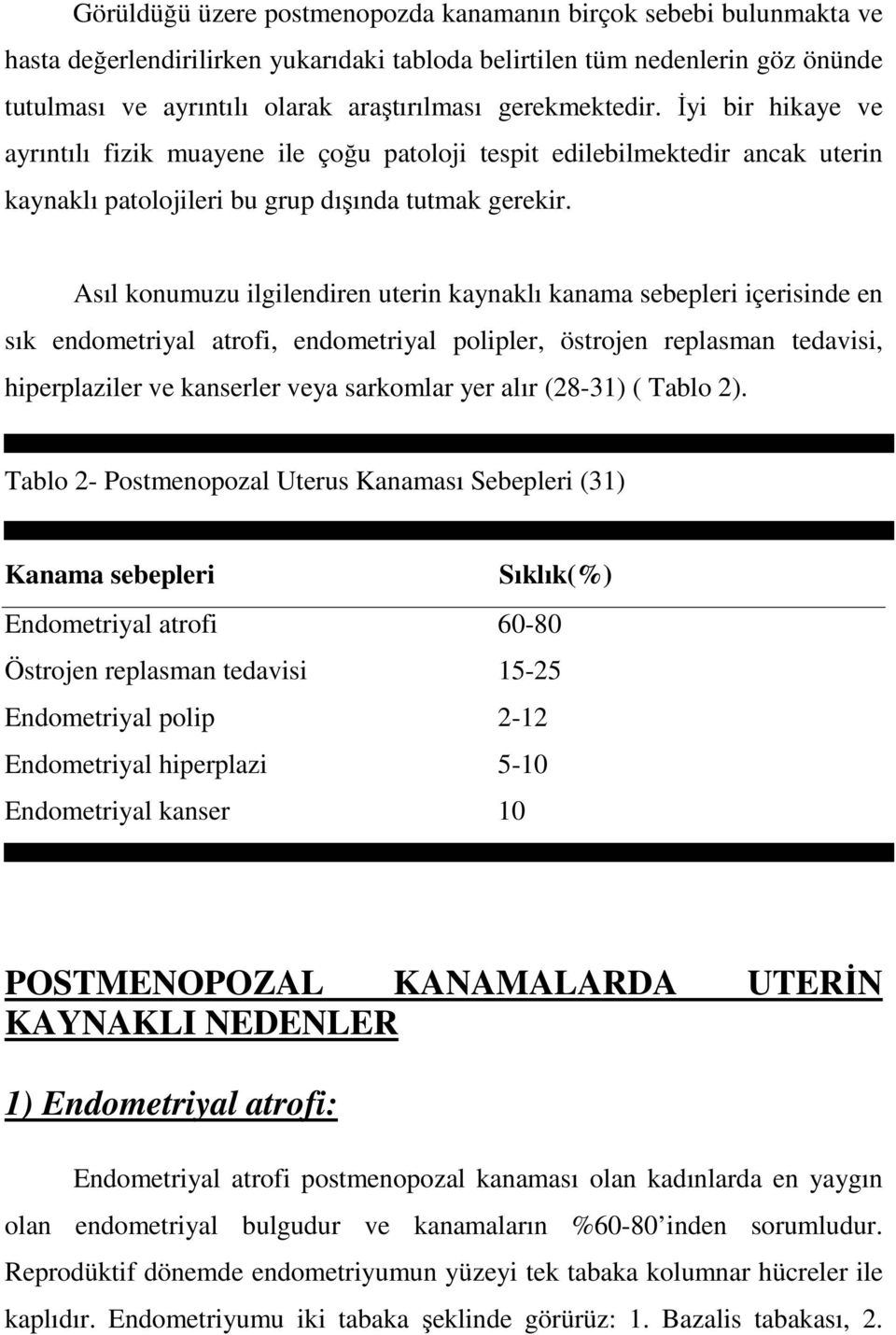 Asıl konumuzu ilgilendiren uterin kaynaklı kanama sebepleri içerisinde en sık endometriyal atrofi, endometriyal polipler, östrojen replasman tedavisi, hiperplaziler ve kanserler veya sarkomlar yer