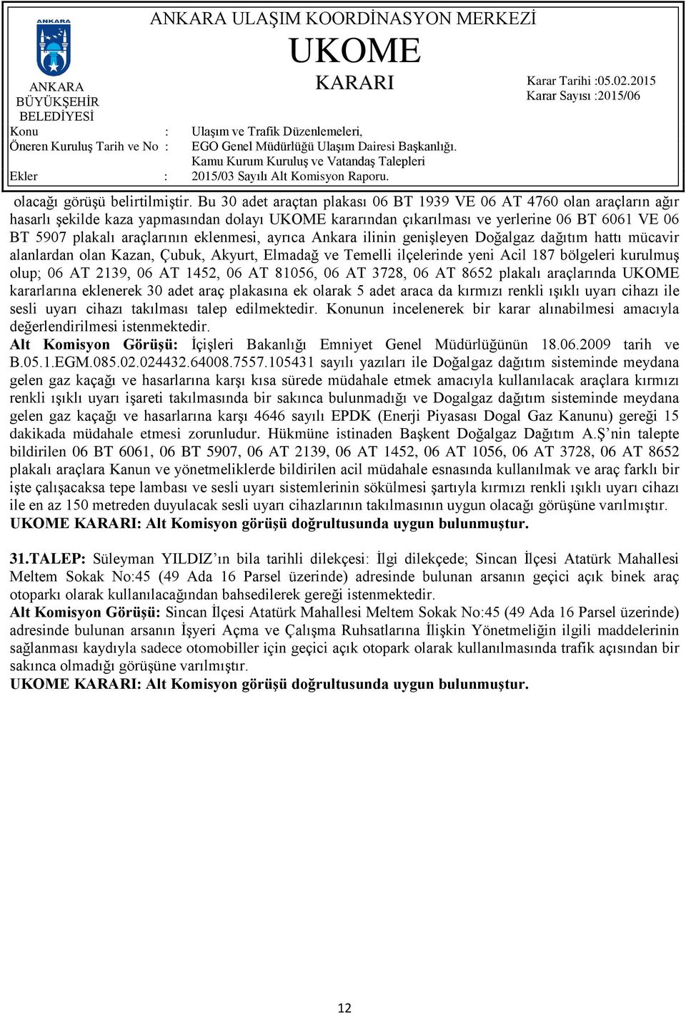 eklenmesi, ayrıca Ankara ilinin genişleyen Doğalgaz dağıtım hattı mücavir alanlardan olan Kazan, Çubuk, Akyurt, Elmadağ ve Temelli ilçelerinde yeni Acil 187 bölgeleri kurulmuş olup; 06 AT 2139, 06 AT