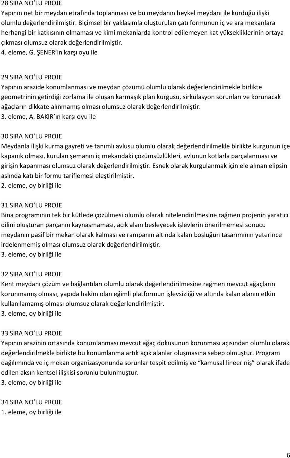 ŞENER in karşı oyu ile 29 SIRA NO LU PROJE Yapının arazide konumlanması ve meydan çözümü olumlu olarak değerlendirilmekle birlikte geometrinin getirdiği zorlama ile oluşan karmaşık plan kurgusu,