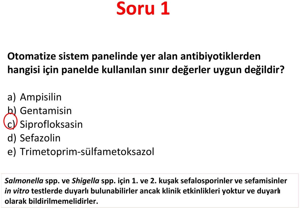 a) b) c) d) e) Ampisilin Gentamisin Siprofloksasin Sefazolin Trimetoprim-sülfametoksazol Salmonella