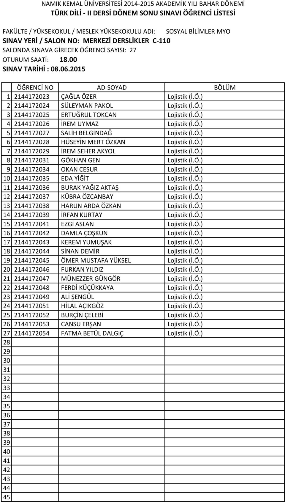 Ö.) 9 21472034 OKAN CESUR Lojistik (İ.Ö.) 10 21472035 EDA YİĞİT Lojistik (İ.Ö.) 11 21472036 BURAK YAĞIZ AKTAŞ Lojistik (İ.Ö.) 12 214720 KÜBRA ÖZCANBAY Lojistik (İ.Ö.) 13 214720 HARUN ARDA ÖZKAN Lojistik (İ.