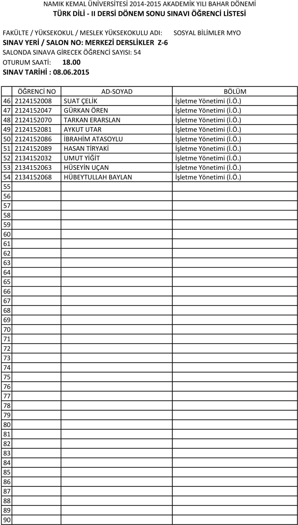 Ö.) 51 21252089 HASAN TİRYAKİ İşletme Yönetimi (İ.Ö.) 52 21352032 UMUT YİĞİT İşletme Yönetimi (İ.Ö.) 53 21352063 HÜSEYİN UÇAN İşletme Yönetimi (İ.Ö.) 54 21352068 HÜBEYTULLAH BAYLAN İşletme Yönetimi (İ.