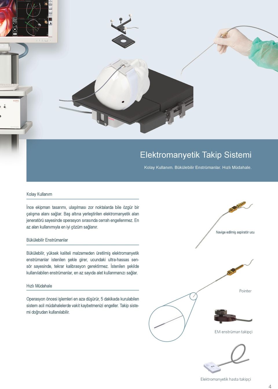 Bükülebilir Enstrümanlar Navige edilmiş aspiratör ucu Bükülebilir, yüksek kaliteli malzemeden üretilmiş elektromanyetik enstrümanlar istenilen şekle girer, ucundaki ultra-hassas sensör sayesinde,