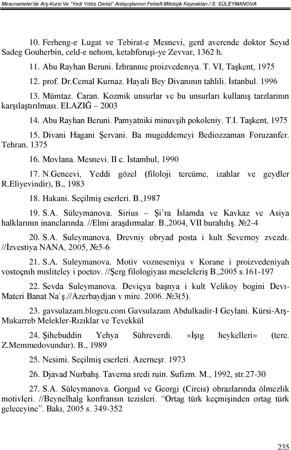 prof. Dr.Cemal Kurnaz. Hayali Bey Divanının tahlili. İstanbul. 1996 13. Mümtaz. Caran. Kozmik unsurlar ve bu unsurları kullanış tarzlarının karşılaştırılması. ELAZIĞ 2003 14. Abu Rayhan Beruni.