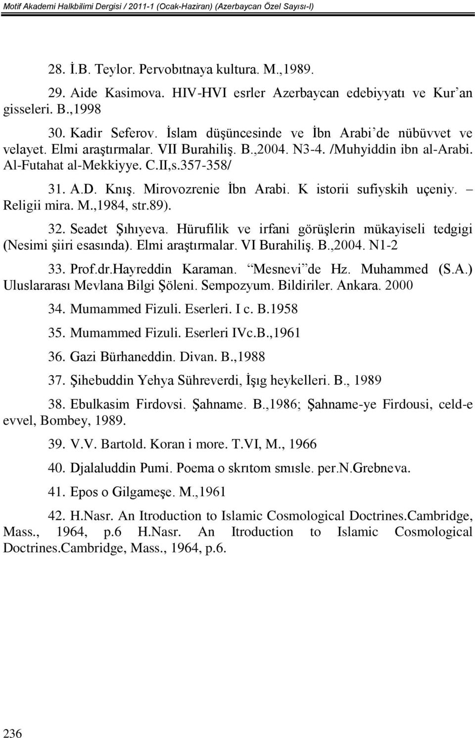 /Muhyiddin ibn al-arabi. Al-Futahat al-mekkiyye. C.II,s.357-358/ 31. A.D. Knış. Mirovozrenie İbn Arabi. K istorii sufiyskih uçeniy. Religii mira. M.,1984, str.89). 32. Seadet Şıhıyeva.