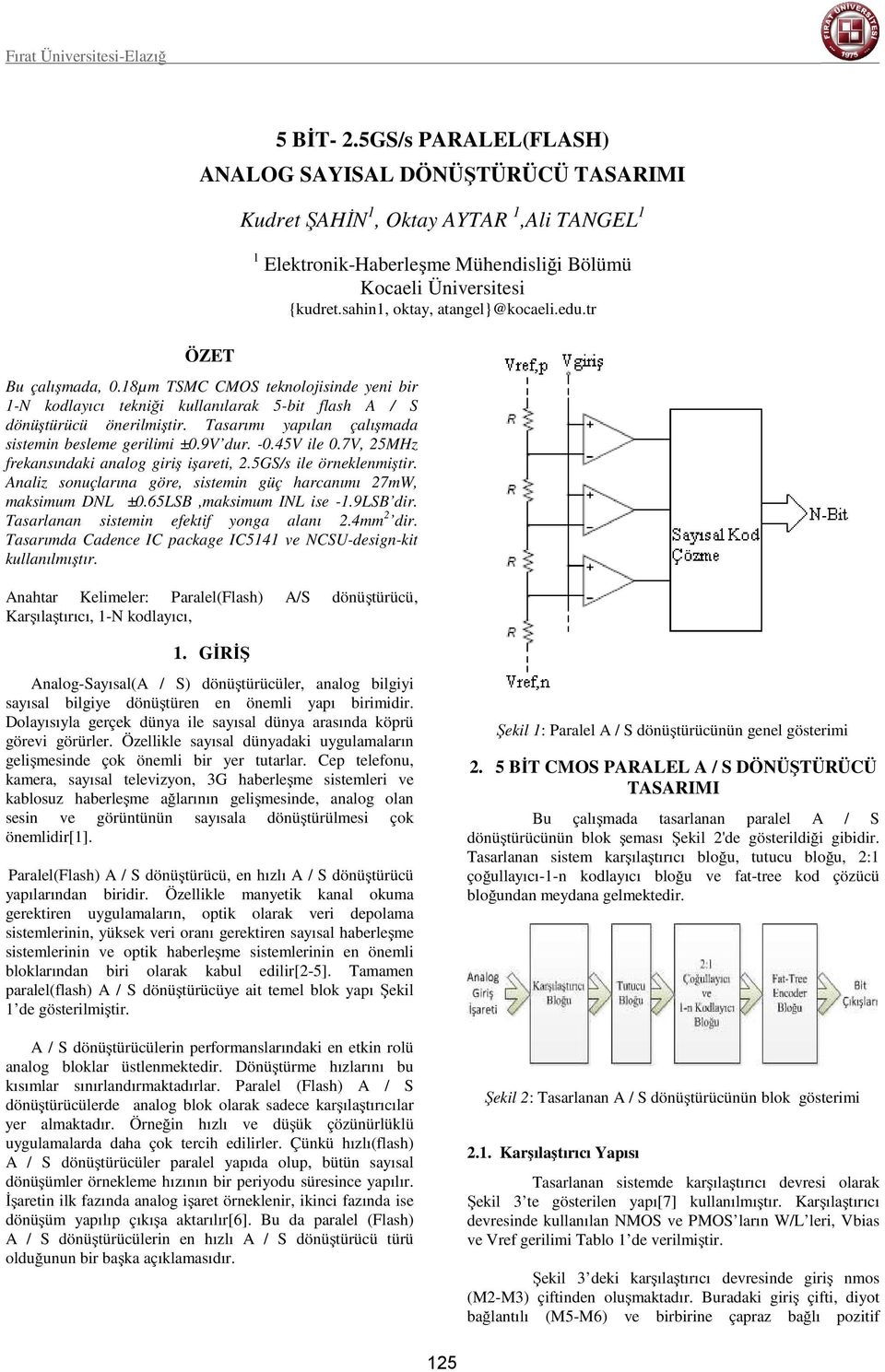 7V, 25MHz frekansındaki analog giriş işareti, 2.5GS/s ile örneklenmiştir. Analiz sonuçlarına göre, sistemin güç harcanımı 27mW, maksimum DNL ±0.65LSB,maksimum INL ise -1.9LSB dir.