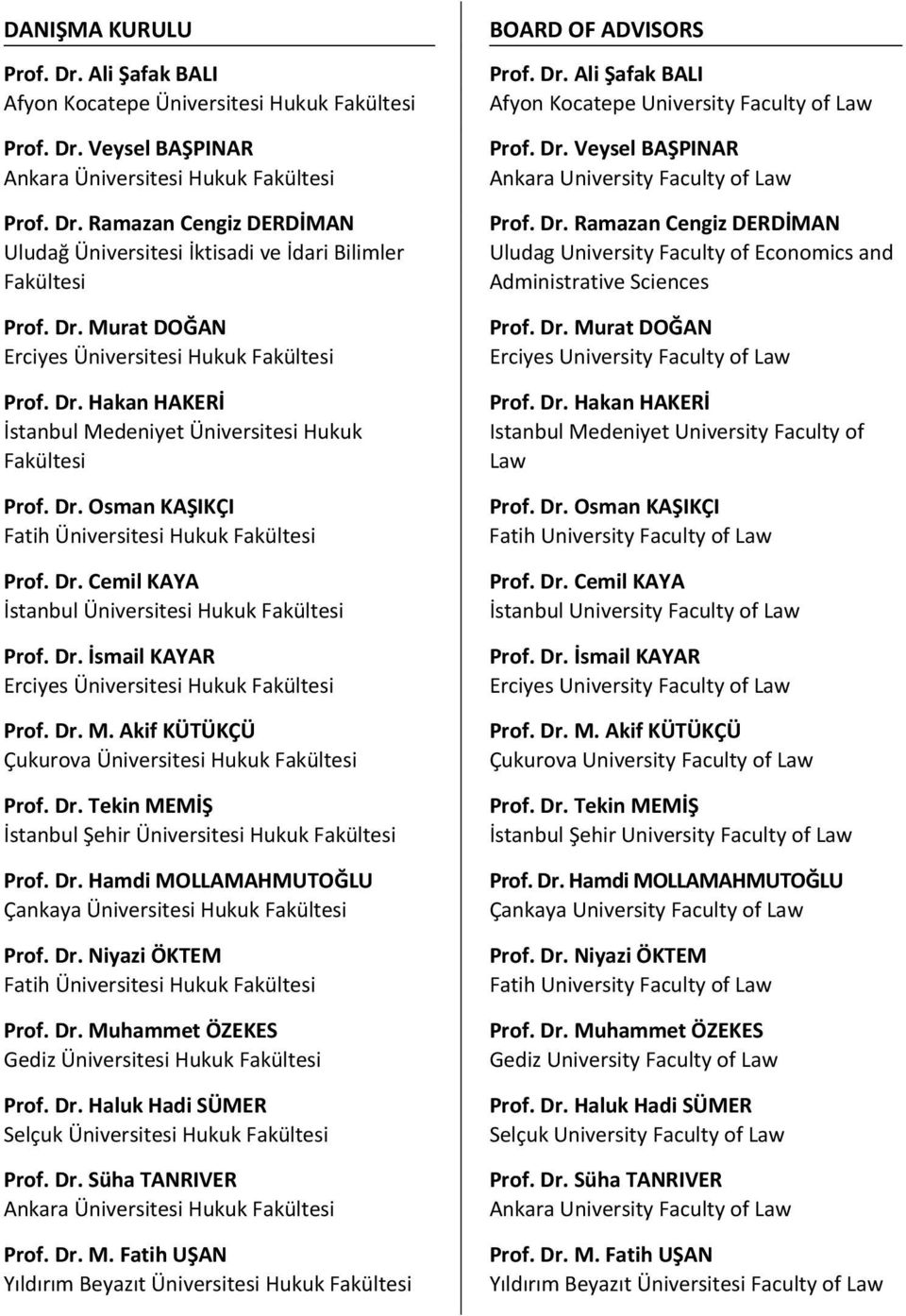 Dr. İsmail KAYAR Erciyes Üniversitesi Hukuk Fakültesi Prof. Dr. M. Akif KÜTÜKÇÜ Çukurova Üniversitesi Hukuk Fakültesi Prof. Dr. Tekin MEMİŞ İstanbul Şehir Üniversitesi Hukuk Fakültesi Prof. Dr. Hamdi MOLLAMAHMUTOĞLU Çankaya Üniversitesi Hukuk Fakültesi Prof.