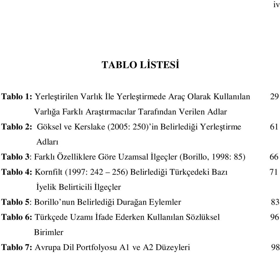 (Borillo, 1998: 85) 66 Tablo 4: Kornfilt (1997: 242 256) Belirlediği Türkçedeki Bazı 71 Đyelik Belirticili Đlgeçler Tablo 5: Borillo nun