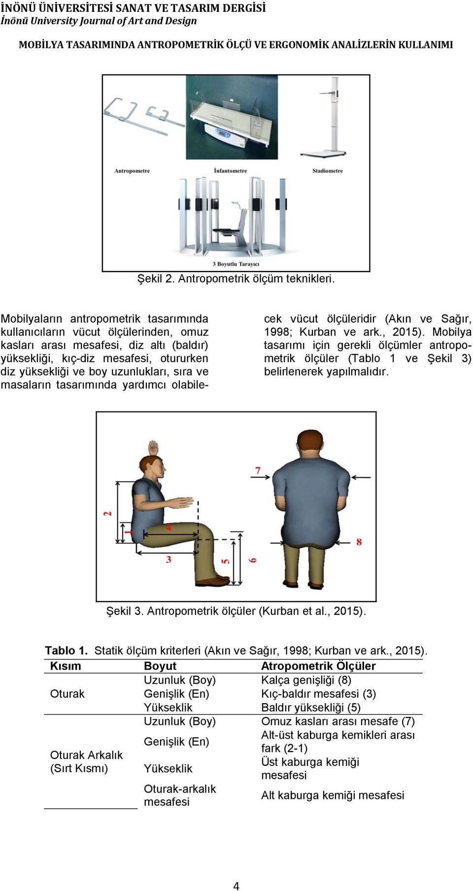 sıra ve masaların tasarımında yardımcı olabilecek vücut ölçüleridir (Akın ve Sağır, 1998; Kurban ve ark., 2015).