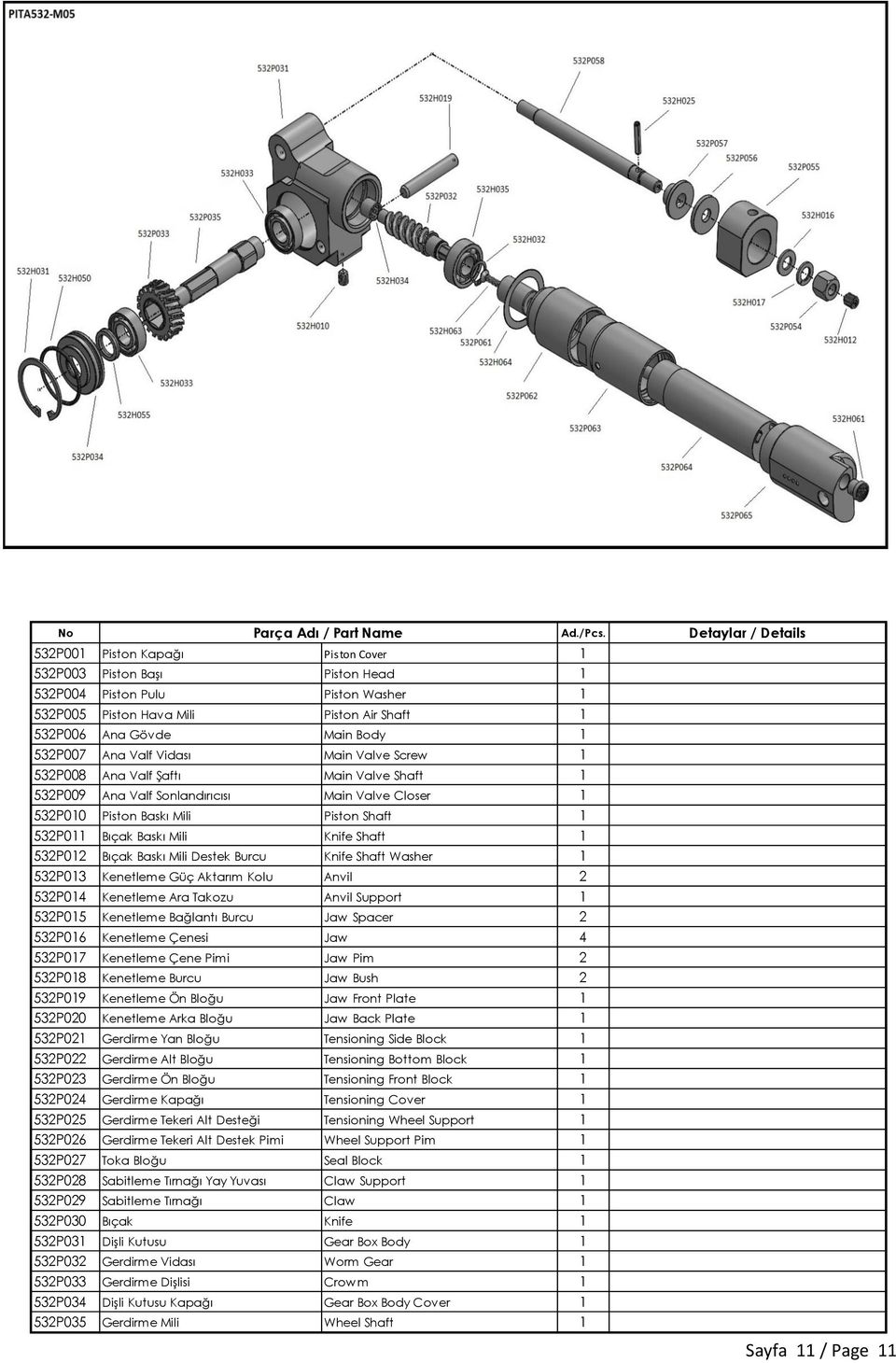 532P007 Ana Valf Vidası Main Valve Screw 1 532P008 Ana Valf Şaftı Main Valve Shaft 1 532P009 Ana Valf Sonlandırıcısı Main Valve Closer 1 532P010 Piston Baskı Mili Piston Shaft 1 532P011 Bıçak Baskı