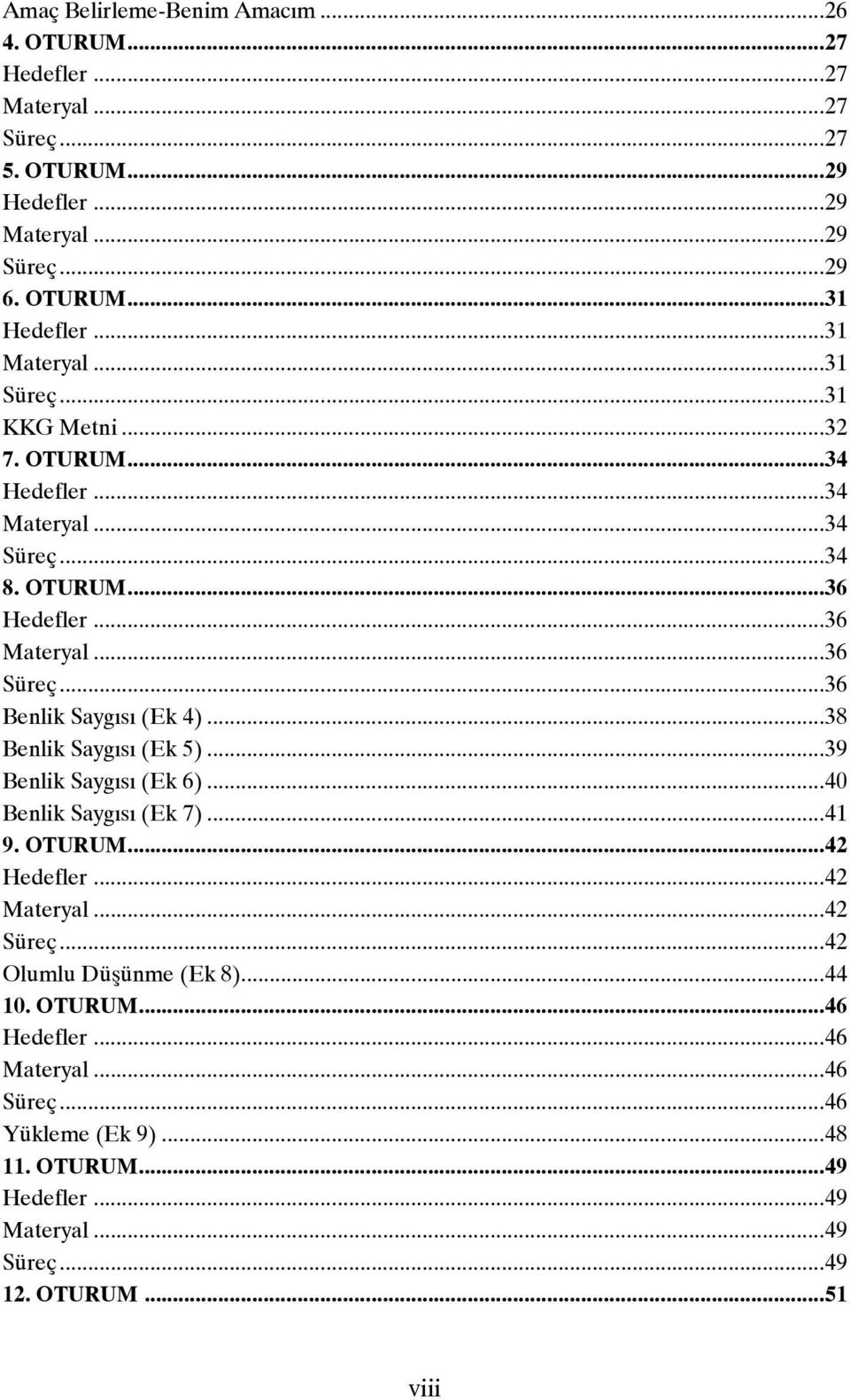 ..36 Benlik Saygısı (Ek 4)...38 Benlik Saygısı (Ek 5)...39 Benlik Saygısı (Ek 6)...40 Benlik Saygısı (Ek 7)...41 9. OTURUM...42 Hedefler...42 Materyal...42 Süreç.