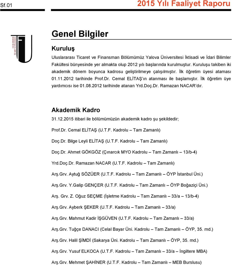 İlk öğretim üye yardımcısı ise 01.08.2012 tarihinde atanan Yrd.Doç.Dr. Ramazan NACAR dır. Akademik Kadro 31.12.2015 itibari ile bölümümüzün akademik kadro şu şekildedir; Prof.Dr. Cemal ELİTAŞ (U.T.F.