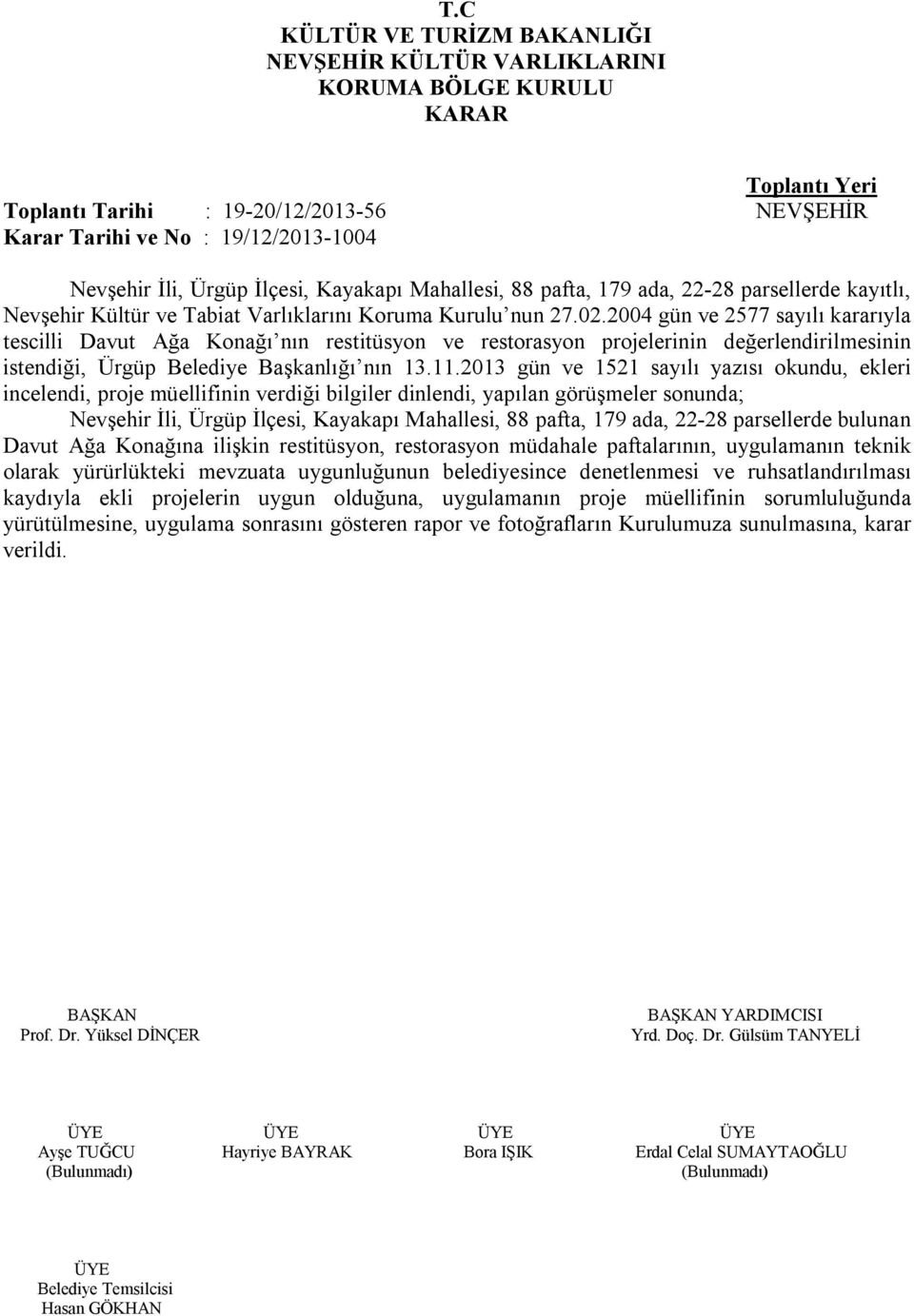 2013 gün ve 1521 sayılı yazısı okundu, ekleri incelendi, proje müellifinin verdiği bilgiler dinlendi, yapılan görüşmeler sonunda; Nevşehir İli, Ürgüp İlçesi, Kayakapı Mahallesi, 88 pafta, 179 ada,