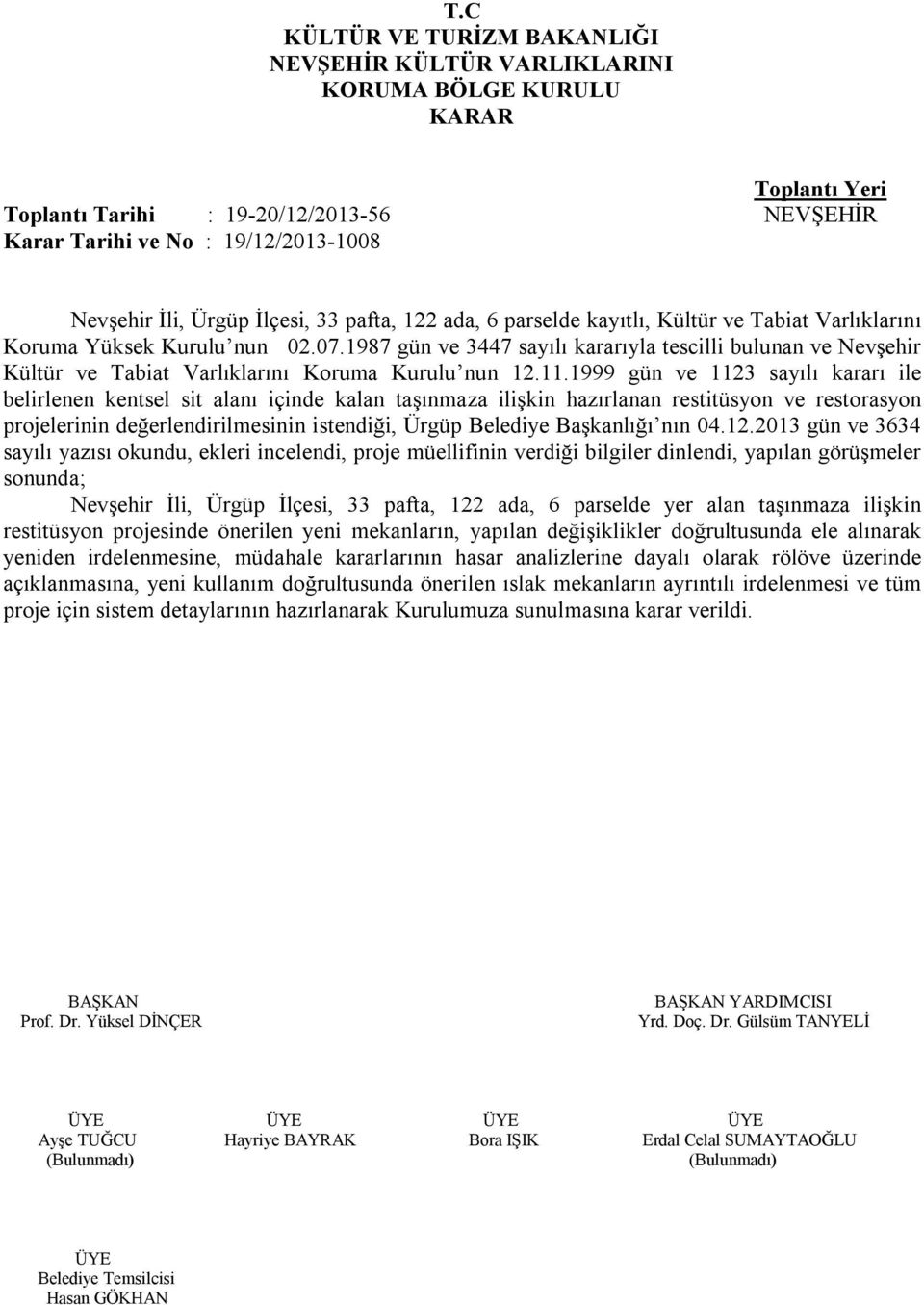 1999 gün ve 1123 sayılı kararı ile belirlenen kentsel sit alanı içinde kalan taşınmaza ilişkin hazırlanan restitüsyon ve restorasyon projelerinin değerlendirilmesinin istendiği, Ürgüp Belediye