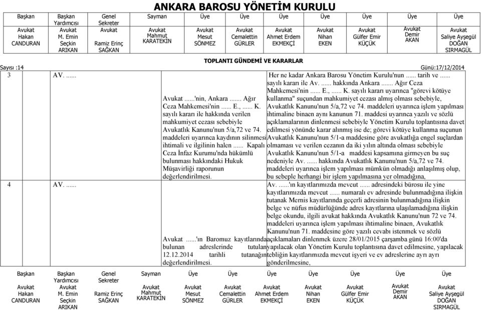 Her ne kadar Ankara Barosu Yönetim Kurulu'nun... tarih ve... sayılı kararı ile Av.... hakkında Ankara... Ağır Ceza Mahkemesi'nin... E.,... K. sayılı kararı uyarınca "görevi kötüye kullanma" suçundan mahkumiyet cezası almış olması sebebiyle, lık Kanunu'nun 5/a,72 ve 74.