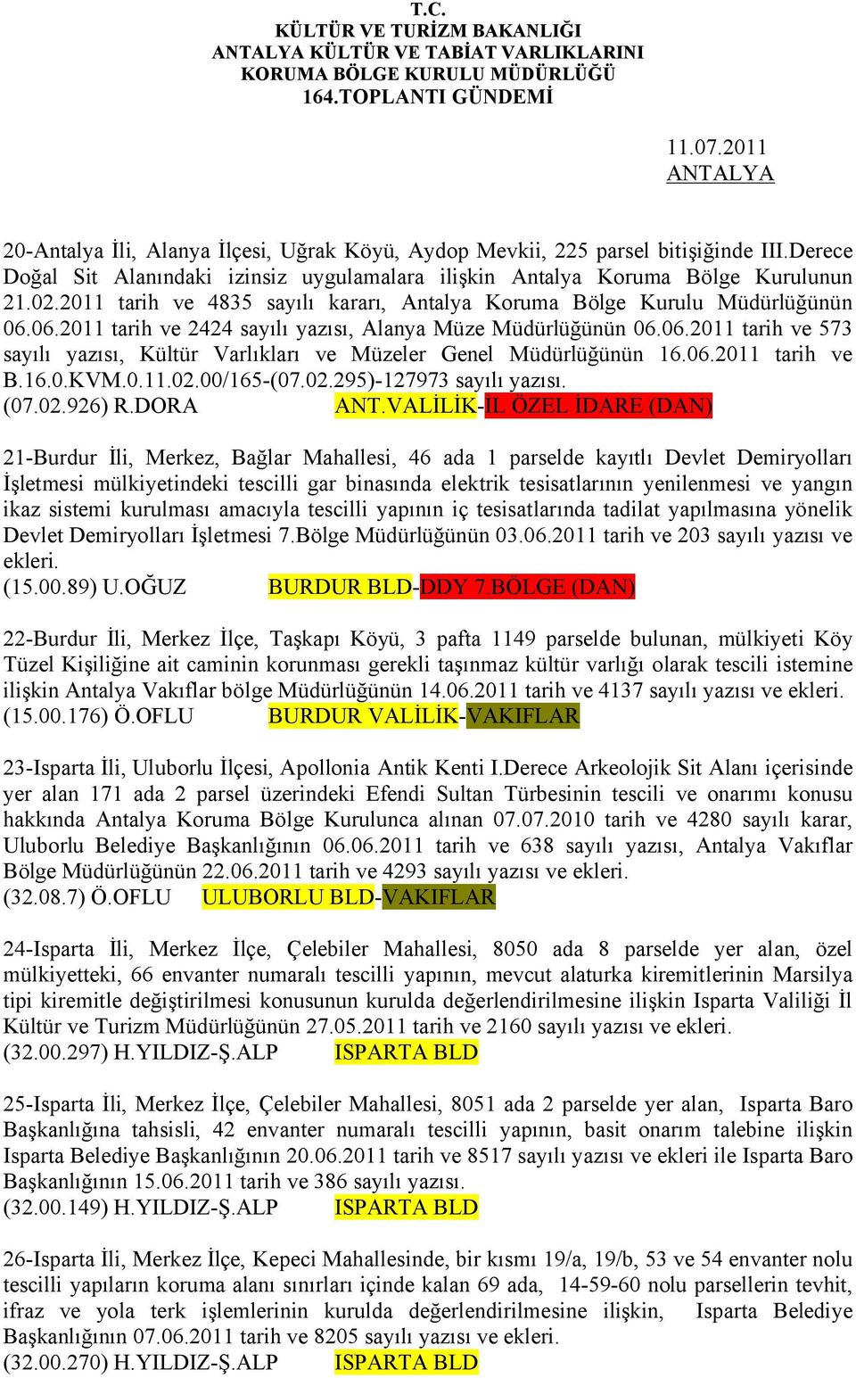 06.2011 tarih ve 2424 sayılı yazısı, Alanya Müze Müdürlüğünün 06.06.2011 tarih ve 573 sayılı yazısı, Kültür Varlıkları ve Müzeler Genel Müdürlüğünün 16.06.2011 tarih ve B.16.0.KVM.0.11.02.00/165-(07.