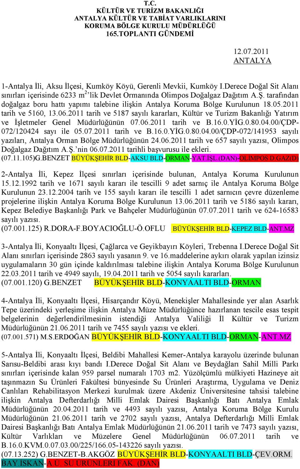 2011 tarih ve 5187 sayılı kararları, Kültür ve Turizm Bakanlığı Yatırım ve İşletmeler Genel Müdürlüğünün 07.06.2011 tarih ve B.16.0.YİG.0.80.04.