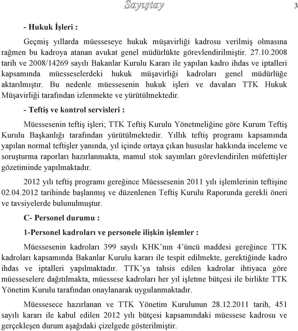 Bu nedenle müessesenin hukuk işleri ve davaları TTK Hukuk Müşavirliği tarafından izlenmekte ve yürütülmektedir.