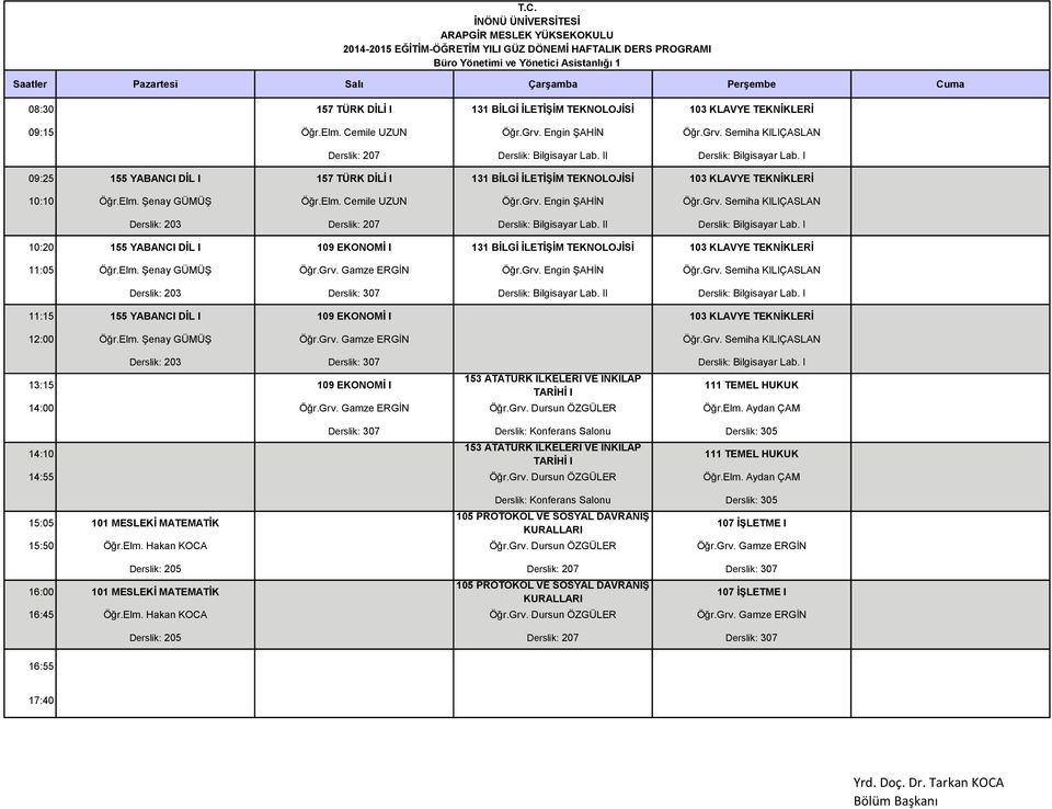 Engin ŞAHİN Öğr.Grv. Semiha KILIÇASLAN Derslik: 203 Derslik: 207 Derslik: Bilgisayar Lab. II Derslik: Bilgisayar Lab.