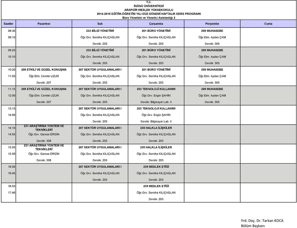 Aydan ÇAM Derslik: 203 Derslik: 203 Derslik: 305 10:20 205 ETKİLİ VE GÜZEL KONUŞMA 207 SEKTÖR UYGULAMALARI I 201 BÜRO YÖNETİMİ 209 MUHASEBE 11:05 Öğr.Elm. Cemile UZUN Öğr.Grv. Semiha KILIÇASLAN Öğr.