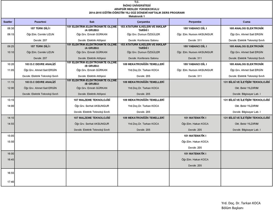 YABANCI DİL I 105 ANALOG ELEKTRONİK 10:10 Öğr.Elm. Cemile UZUN Öğr.Grv. Emrah GÜRKAN Öğr.Grv. Dursun ÖZGÜLER Öğr. Elm. Nursen AKSUNGUR Öğr.Grv. Ahmet Sait ERGİN 10:20 103 D.