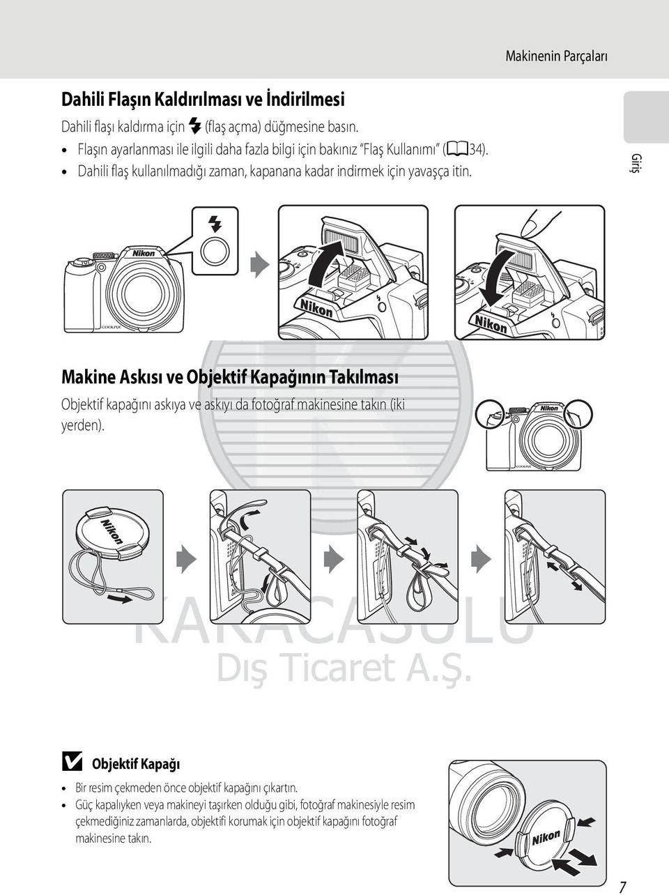 Giriş Makine Askısı ve Objektif Kapağının Takılması Objektif kapağını askıya ve askıyı da fotoğraf makinesine takın (iki yerden).