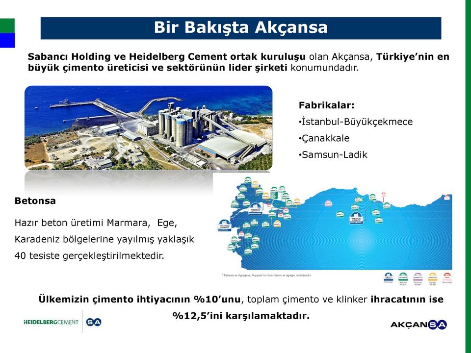 Fabrikalar: İstanbul-Büyükçekmece Çanakkale Samsun-Ladik Betonsa Hazır beton üretimi Marmara, Ege, Karadeniz