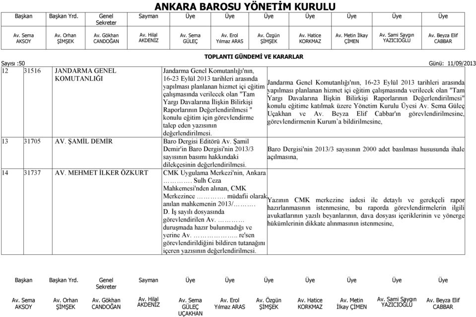 Şamil Demir'in Baro Dergisi'nin 2013/3 sayısının basımı hakkındaki dilekçesinin değerlendirilmesi. 14 31737 AV. MEHMET İLKER ÖZKURT CMK Uygulama Merkezi'nin, Ankara.
