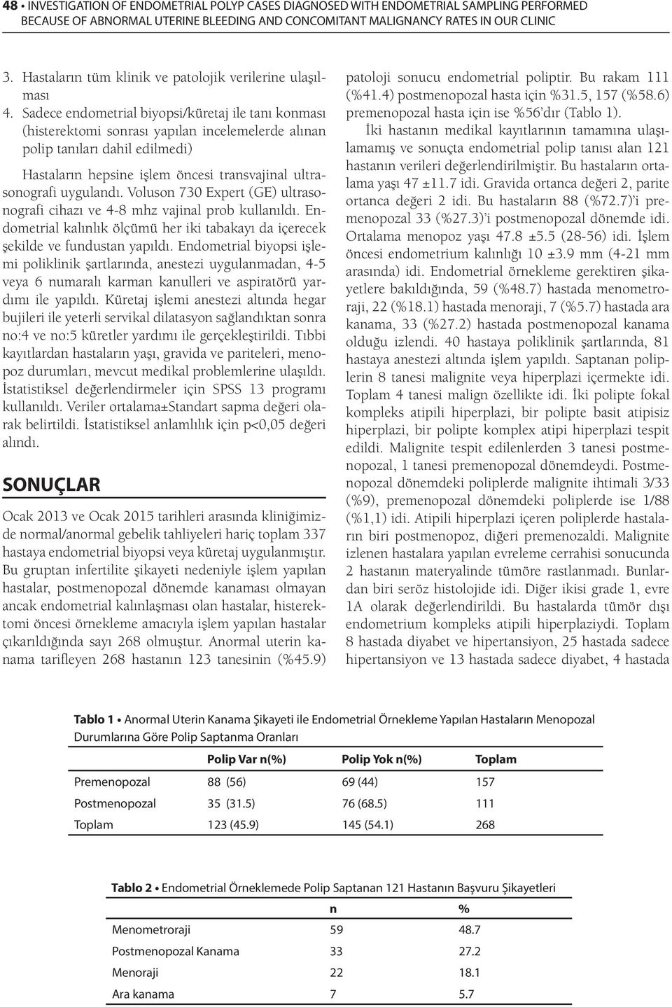 Sadece endometrial biyopsi/küretaj ile tanı konması (histerektomi sonrası yapılan incelemelerde alınan polip tanıları dahil edilmedi) Hastaların hepsine işlem öncesi transvajinal ultrasonografi