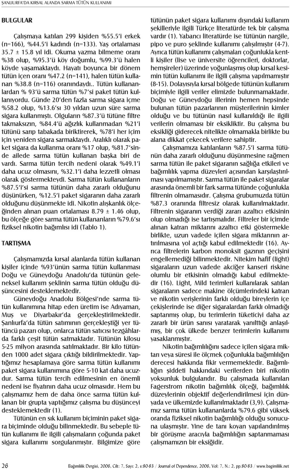 . Tütün kullananlardan % 93 ü sarma tütün %7 si paket tütün kullanıyordu. Günde 20 den fazla sarma sigara içme %58.2 olup, %13.6 sı 30 yıldan uzun süre sarma sigara kullanmıştı. Olguların %87.