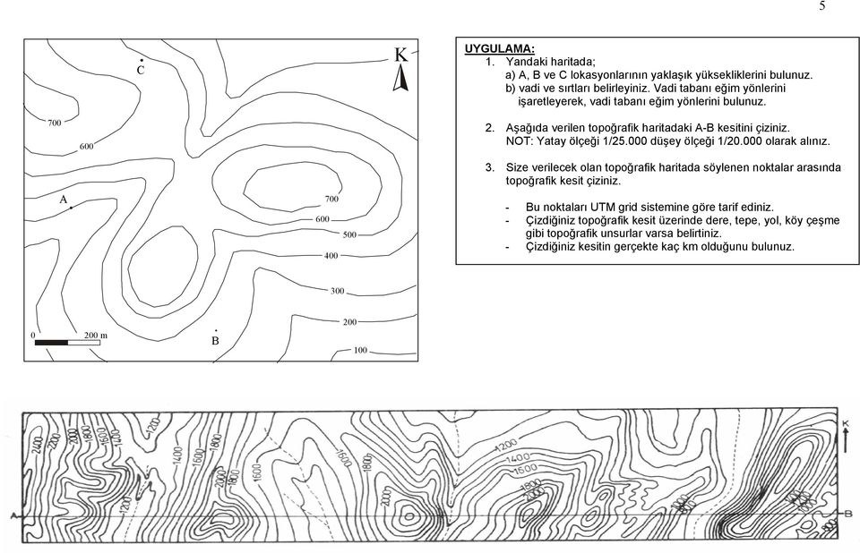 000 düşey ölçeği 1/20.000 olarak alınız. 3. Size verilecek olan topoğrafik haritada söylenen noktalar arasında topoğrafik kesit çiziniz.