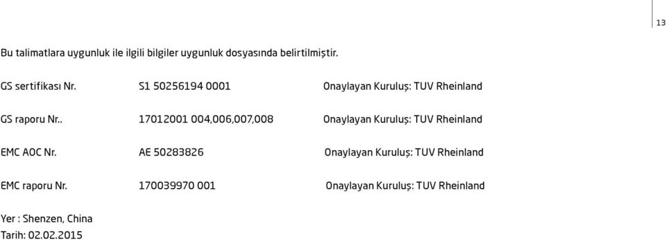 . 17012001 004,006,007,008 Onaylayan Kuruluş: TUV Rheinland EMC AOC Nr.