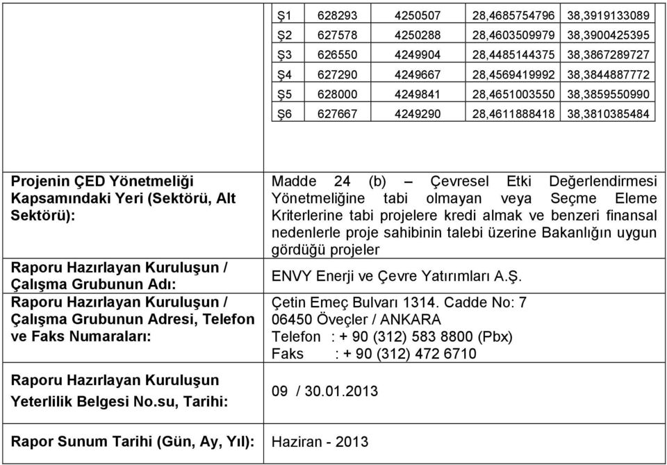 Adı: Raporu Hazırlayan Kuruluşun / Çalışma Grubunun Adresi, Telefon ve Faks Numaraları: Raporu Hazırlayan Kuruluşun Yeterlilik Belgesi No.