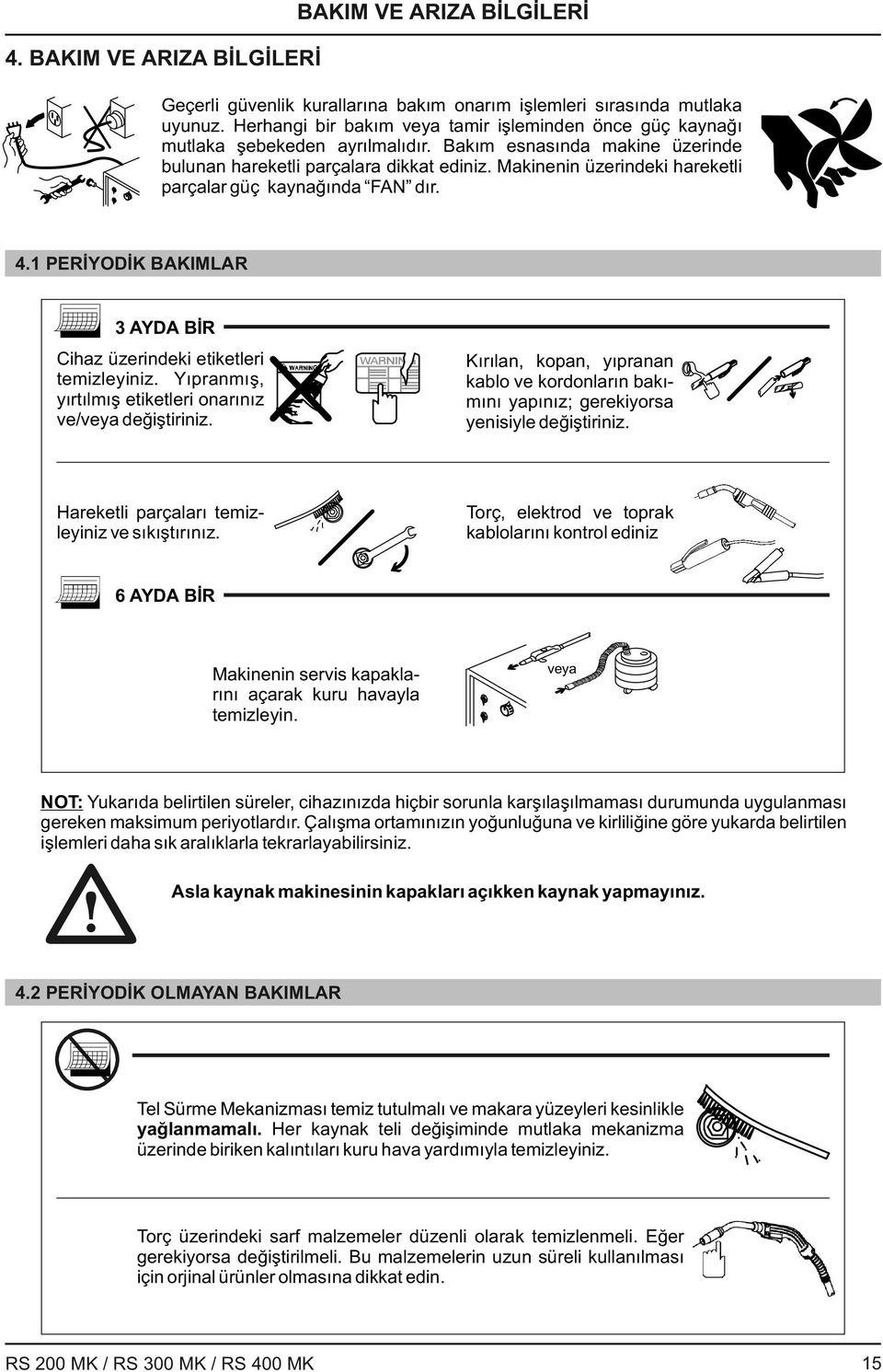 Makinenin üzerindeki hareketli parçalar güç kaynağında FN dır. 4. PERİYODİK BKIMLR YD BİR Cihaz üzerindeki etiketleri temizleyiniz. Yıpranmış, yırtılmış etiketleri onarınız ve/veya değiştiriniz.