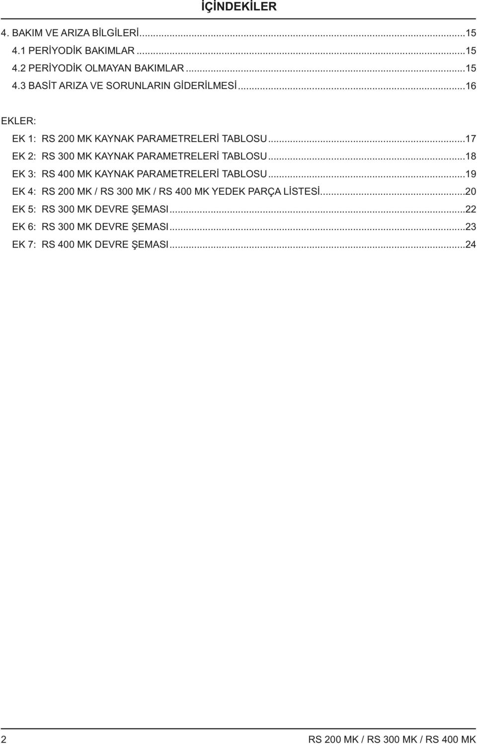 ..8 EK : RS 400 MK KYNK PRMETRELERİ TBLOSU...9 EK 4: RS 00 MK / RS 00 MK / RS 400 MK YEDEK PRÇ LİSTESİ.