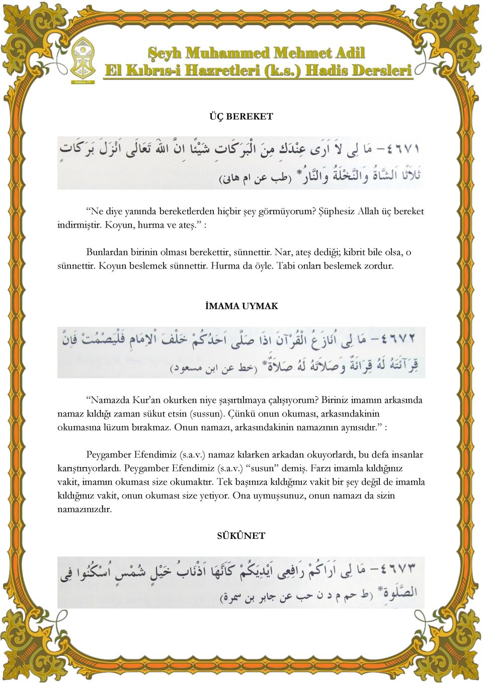 Biriniz imamın arkasında namaz kıldığı zaman sükut etsin (sussun). Çünkü onun okuması, arkasındakinin okumasına lüzum bırakmaz. Onun namazı, arkasındakinin namazının aynısıdır.