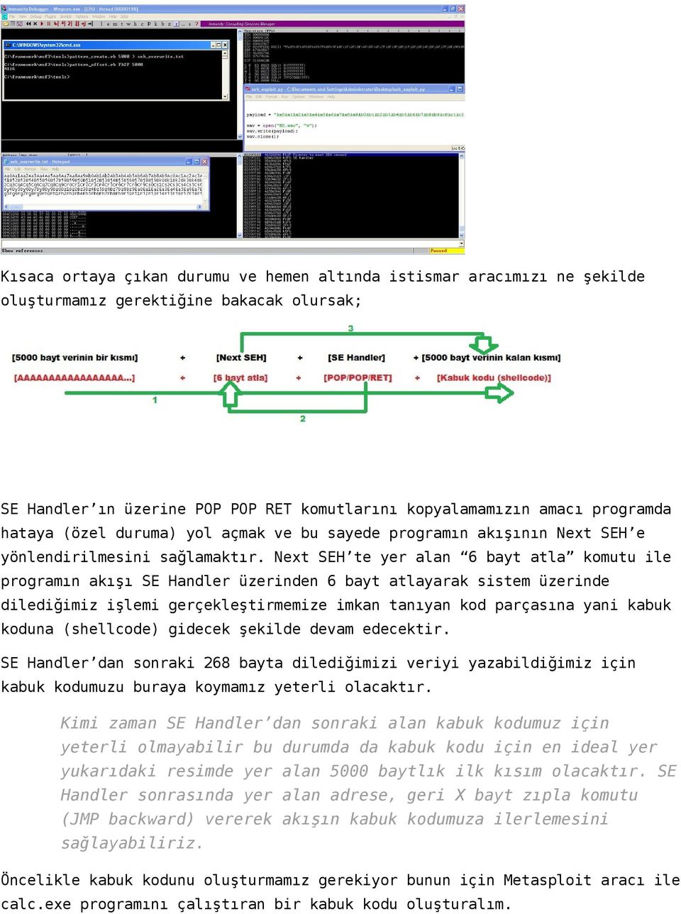 Next SEH te yer alan 6 bayt atla komutu ile programın akışı SE Handler üzerinden 6 bayt atlayarak sistem üzerinde dilediğimiz işlemi gerçekleştirmemize imkan tanıyan kod parçasına yani kabuk koduna