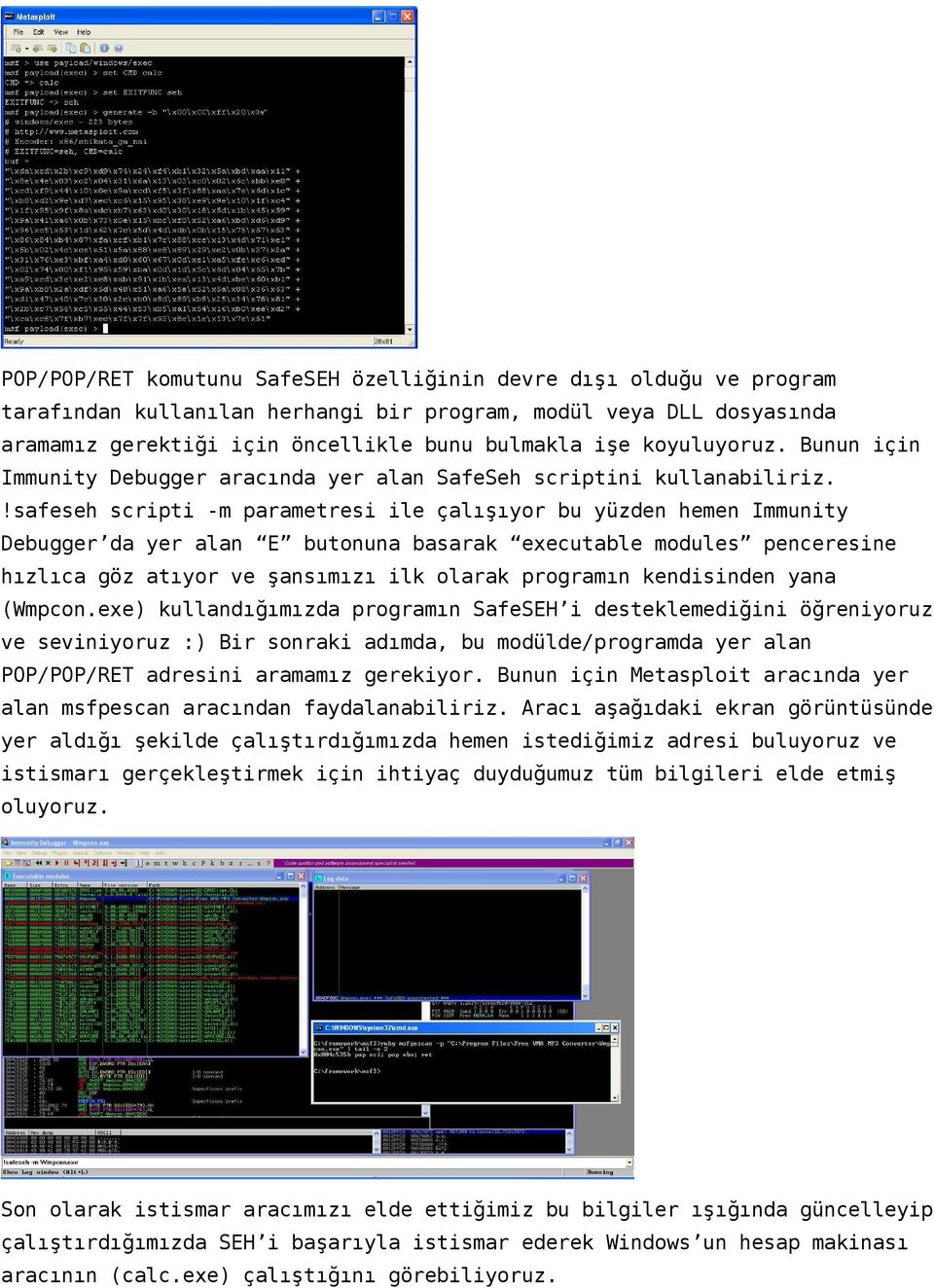 !safeseh scripti -m parametresi ile çalışıyor bu yüzden hemen Immunity Debugger da yer alan E butonuna basarak executable modules penceresine hızlıca göz atıyor ve şansımızı ilk olarak programın