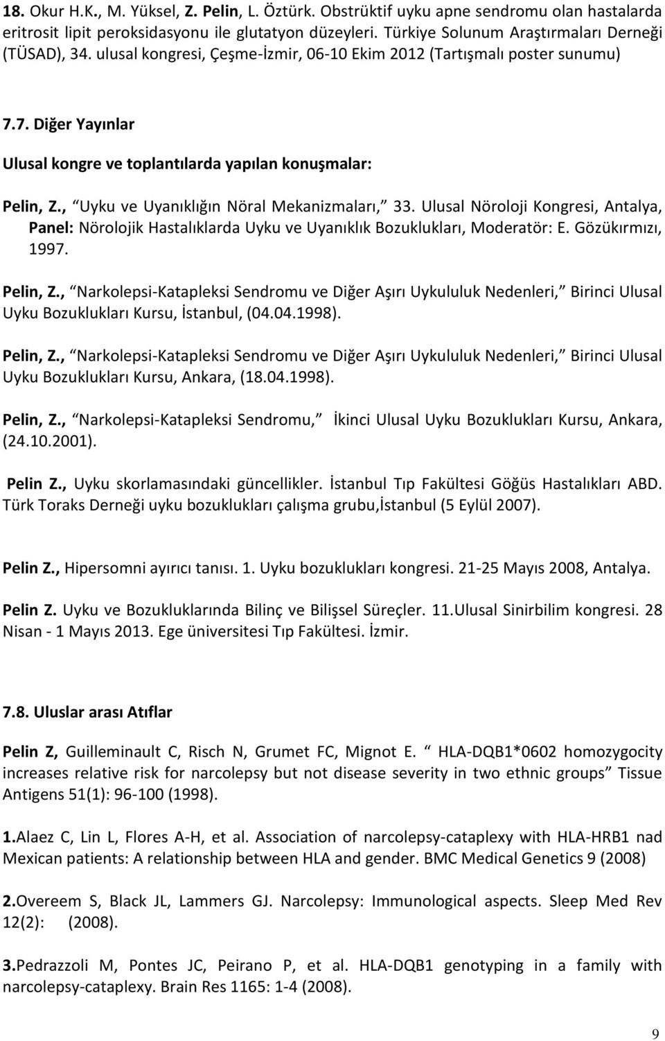 Ulusal Nöroloji Kongresi, Antalya, Panel: Nörolojik Hastalıklarda Uyku ve Uyanıklık Bozuklukları, Moderatör: E. Gözükırmızı, 1997. Pelin, Z.