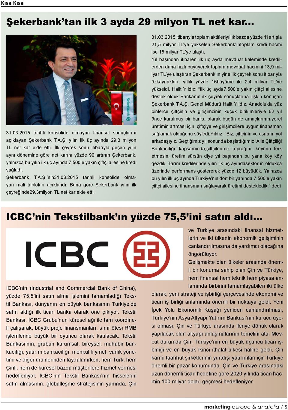 2015 tarihli konsolide olmayan mali tabloları açıklandı. Buna göre Şekerbank yılın ilk çeyreğinde29,3milyon TL net kar elde etti. 31.03.