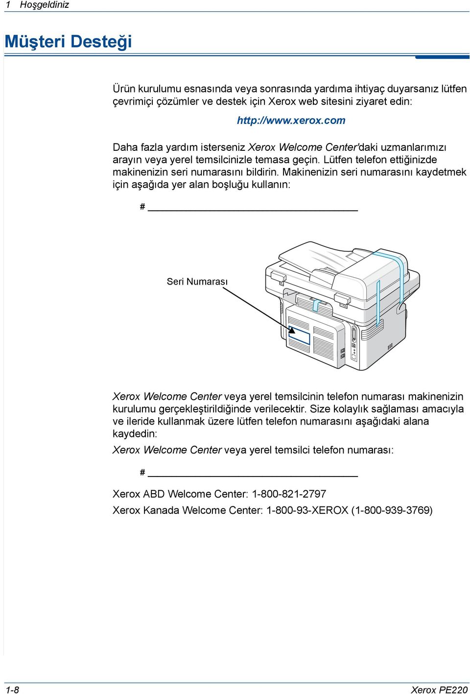 Makinenizin seri numarasını kaydetmek için aşağıda yer alan boşluğu kullanın: # Seri Numarası Xerox Welcome Center veya yerel temsilcinin telefon numarası makinenizin kurulumu gerçekleştirildiğinde