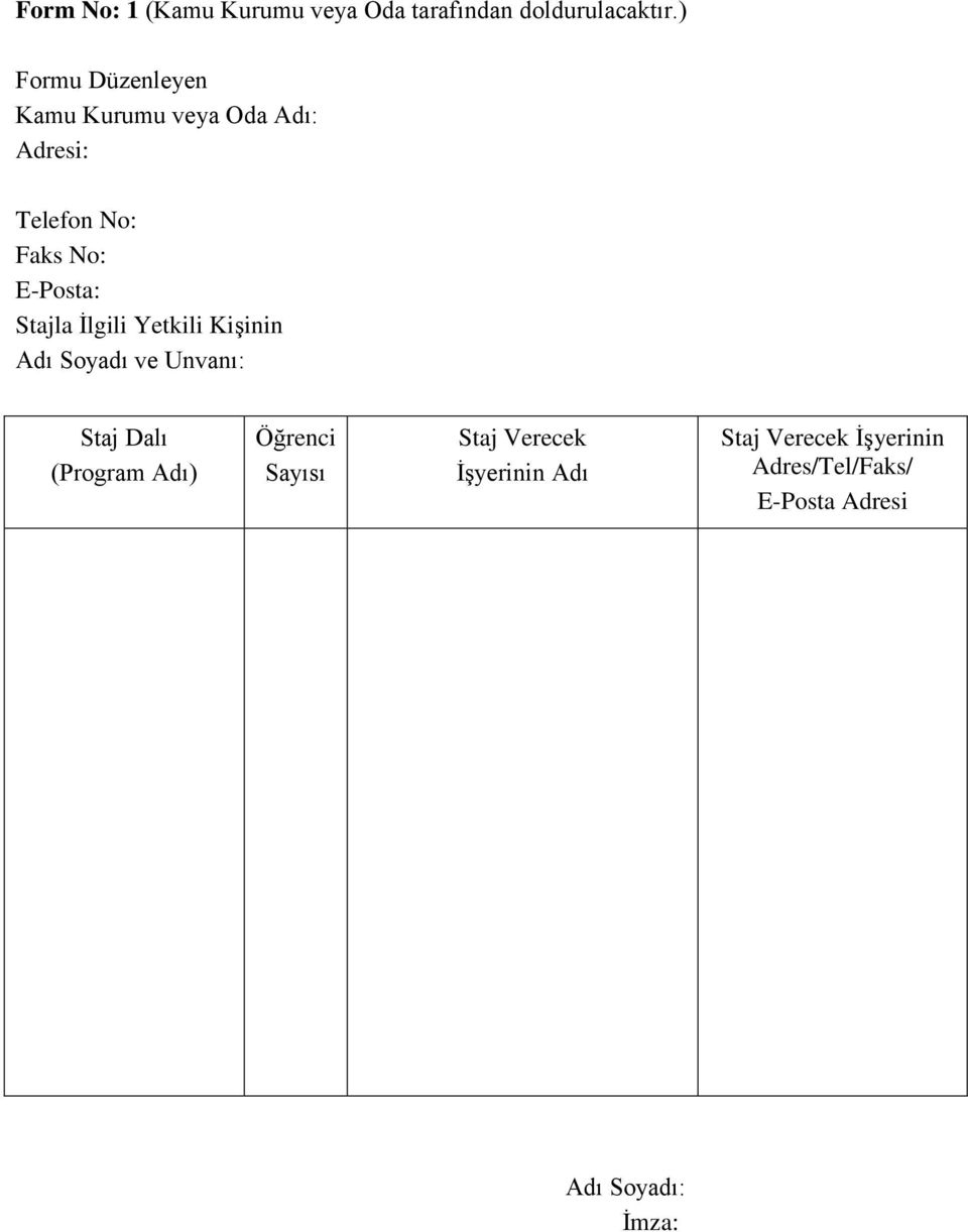Stajla İlgili Yetkili Kişinin Adı Soyadı ve Unvanı: Staj Dalı (Program Adı)